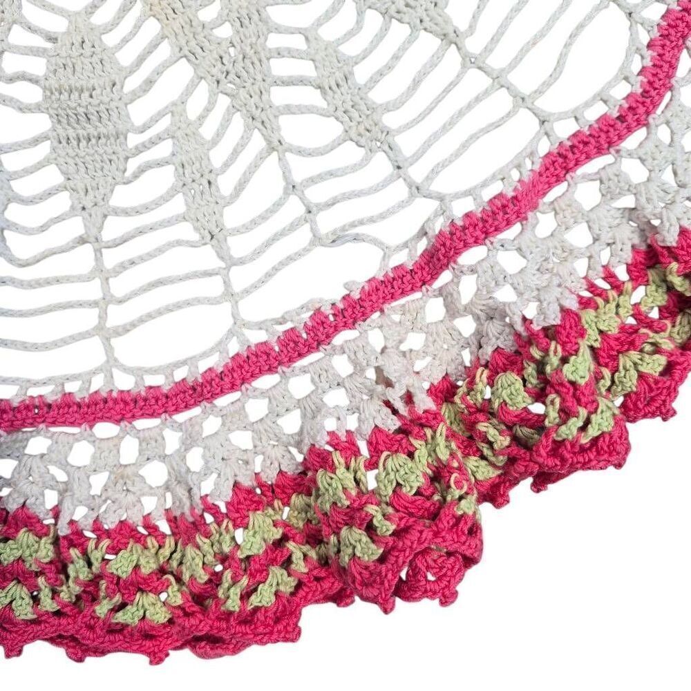 Crochet, Vintage Cotton White/Hot Pink/Green 21" Ruffled Doily, Handmade - Picture 2 of 7